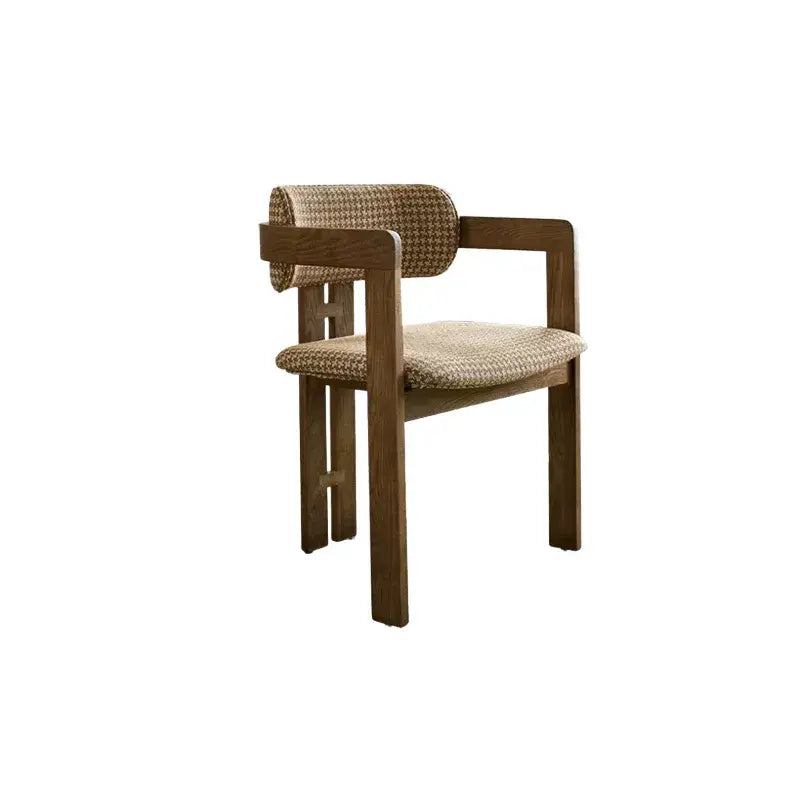 Vintage Ash Wood Dining Chair with Houndstooth Upholstery and Sculpted Back Slit
