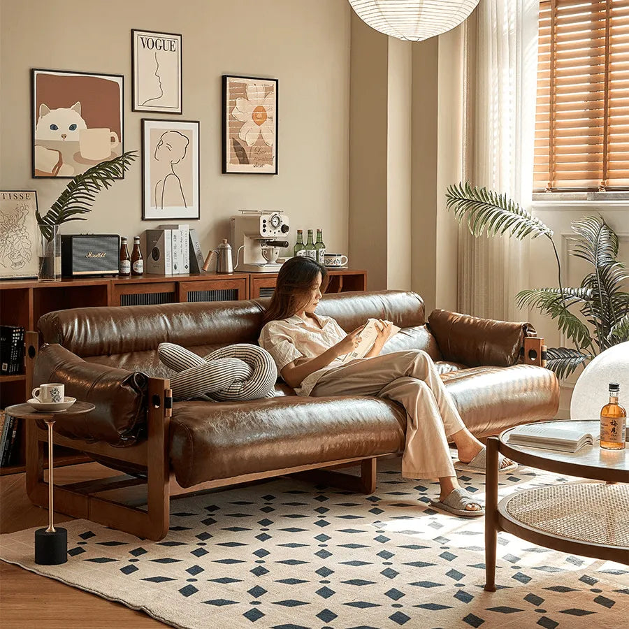 Vintage Ash Wood Leather Sofa Sectionals with Cloud-Cushioned Comfort