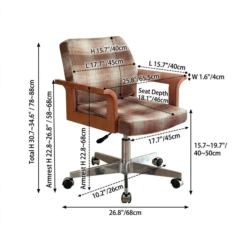 Vintage Ash Wood Plaid Office Chair Series with Curved Arms and Swivel Base Dimensions