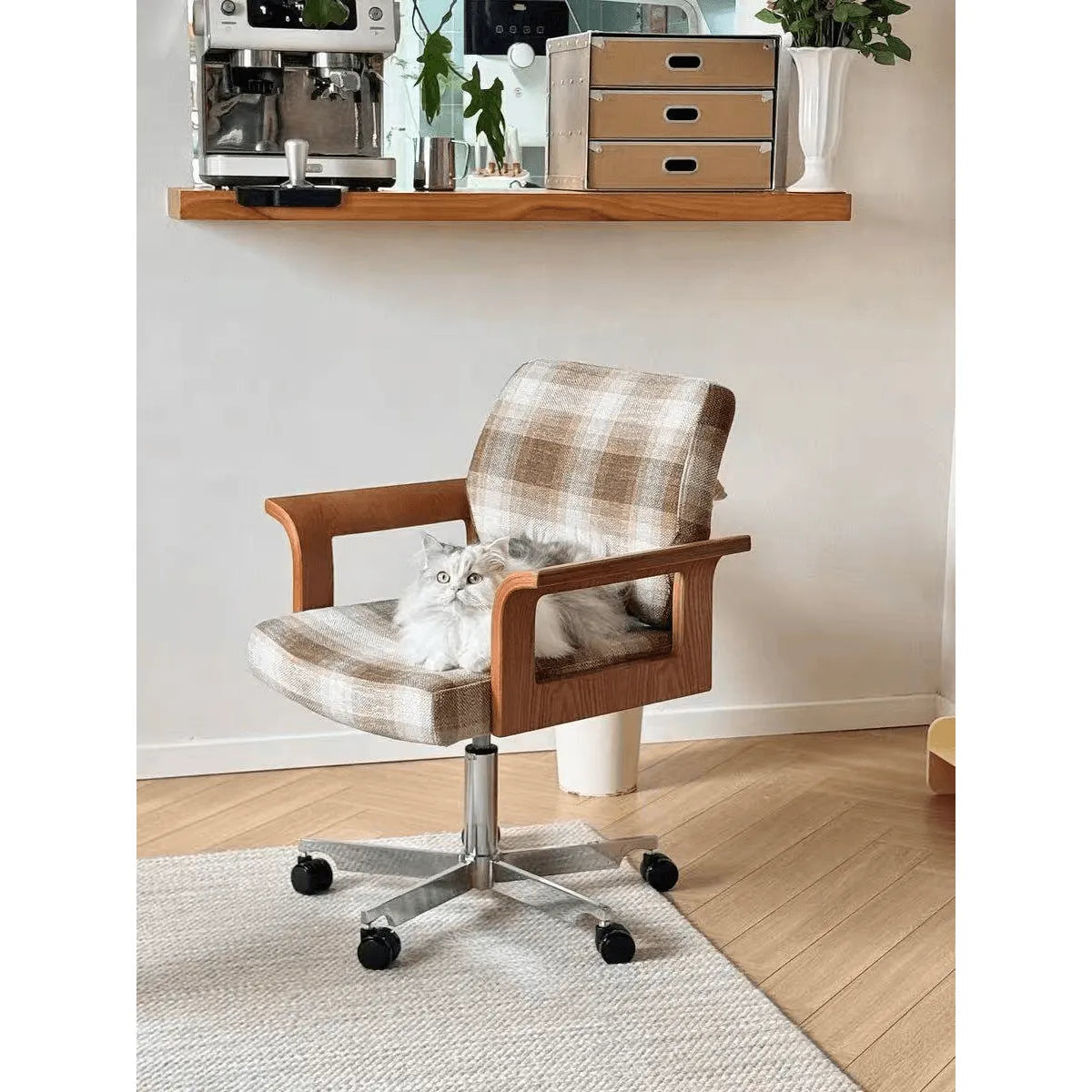 Vintage Ash Wood Plaid Office Chair Series with Curved Arms and Swivel Base Main Product Image Main image