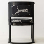 Single vintage dining chair with black fabric and leopard print upholstery