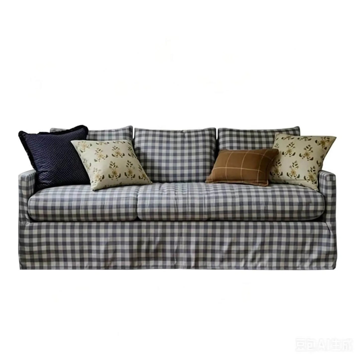 Vintage Blue White Plaid Sofa, Cotton Linen Living Room Series