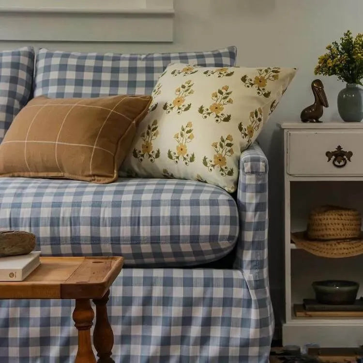 Vintage Blue White Plaid Sofa, Cotton Linen Living Room Series