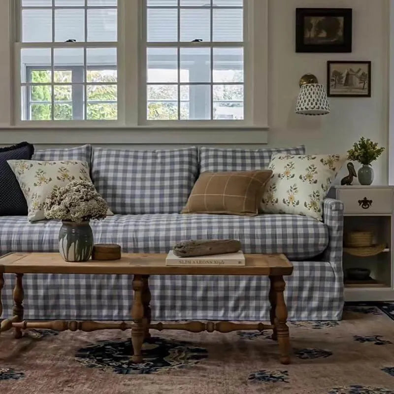 Vintage Blue White Plaid Sofa, Cotton Linen Living Room Series