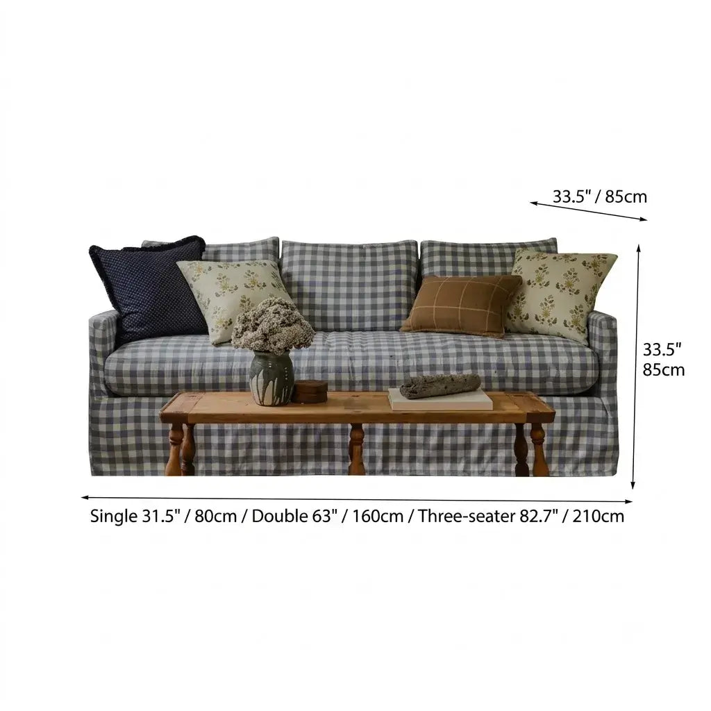 Vintage Blue White Plaid Sofa, Cotton Linen Living Room Series Dimensions