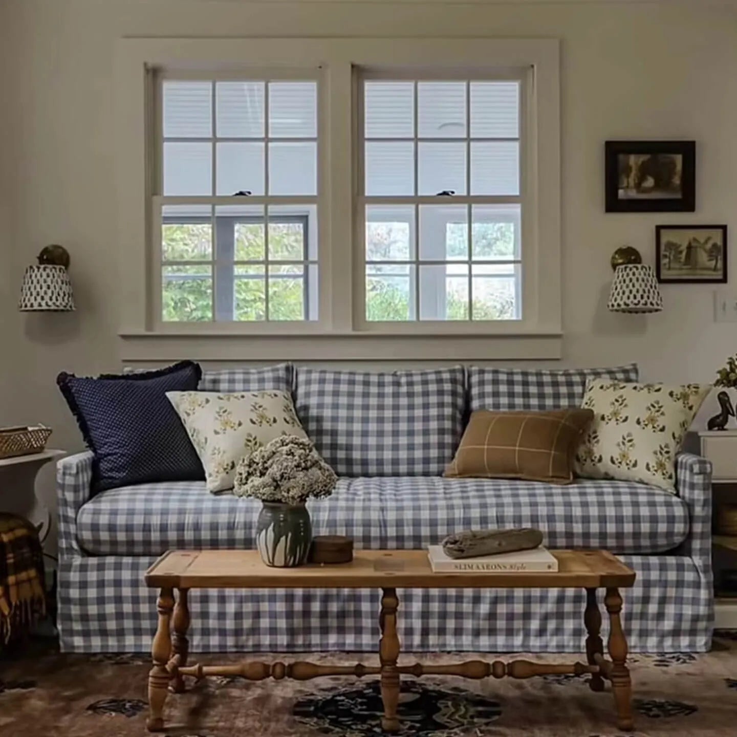 Vintage Blue White Plaid Sofa, Cotton Linen Living Room Series Main Product Image