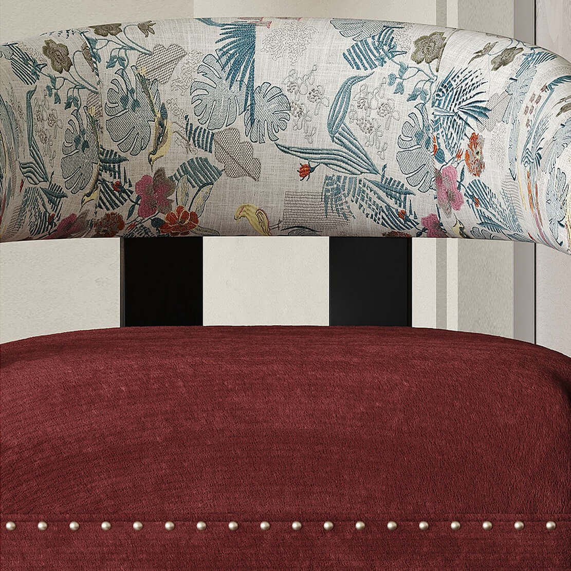 Vintage Bohemian Accent Chair with Floral Fabric and Red Upholstery