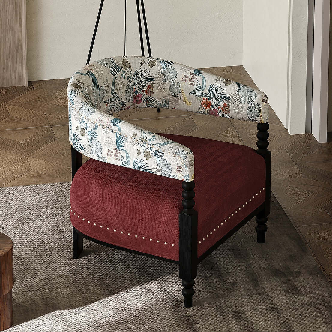 Vintage Bohemian Akzentstuhl mit Blumenstoff und roter Polsterung Zweitbild