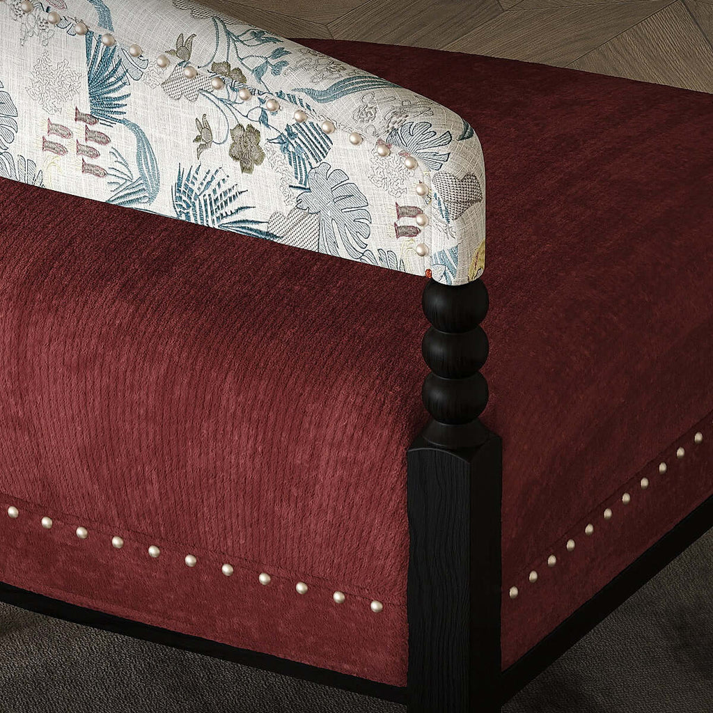 Vintage Bohemian Accent Chair with Floral Fabric and Red Upholstery