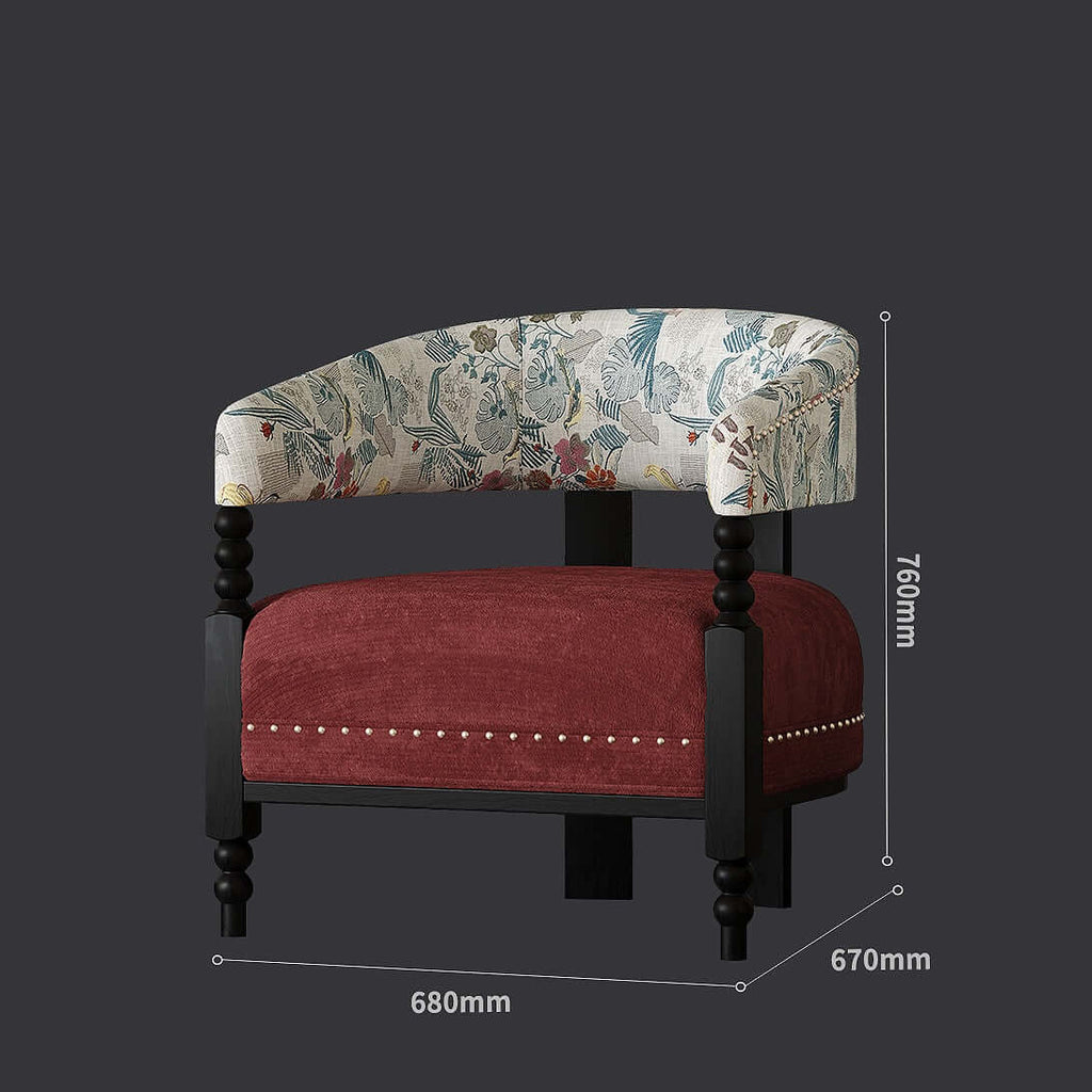 Vintage Bohemian Accent Chair with Floral Fabric and Red Upholstery Dimensions