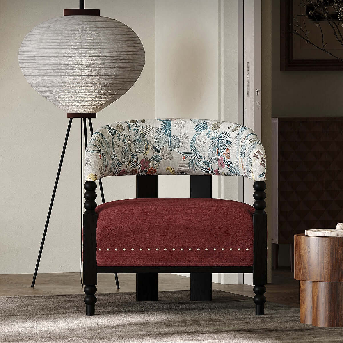 Vintage Bohemian Accent Chair with Floral Fabric and Red Upholstery Main Product Image Hauptbild