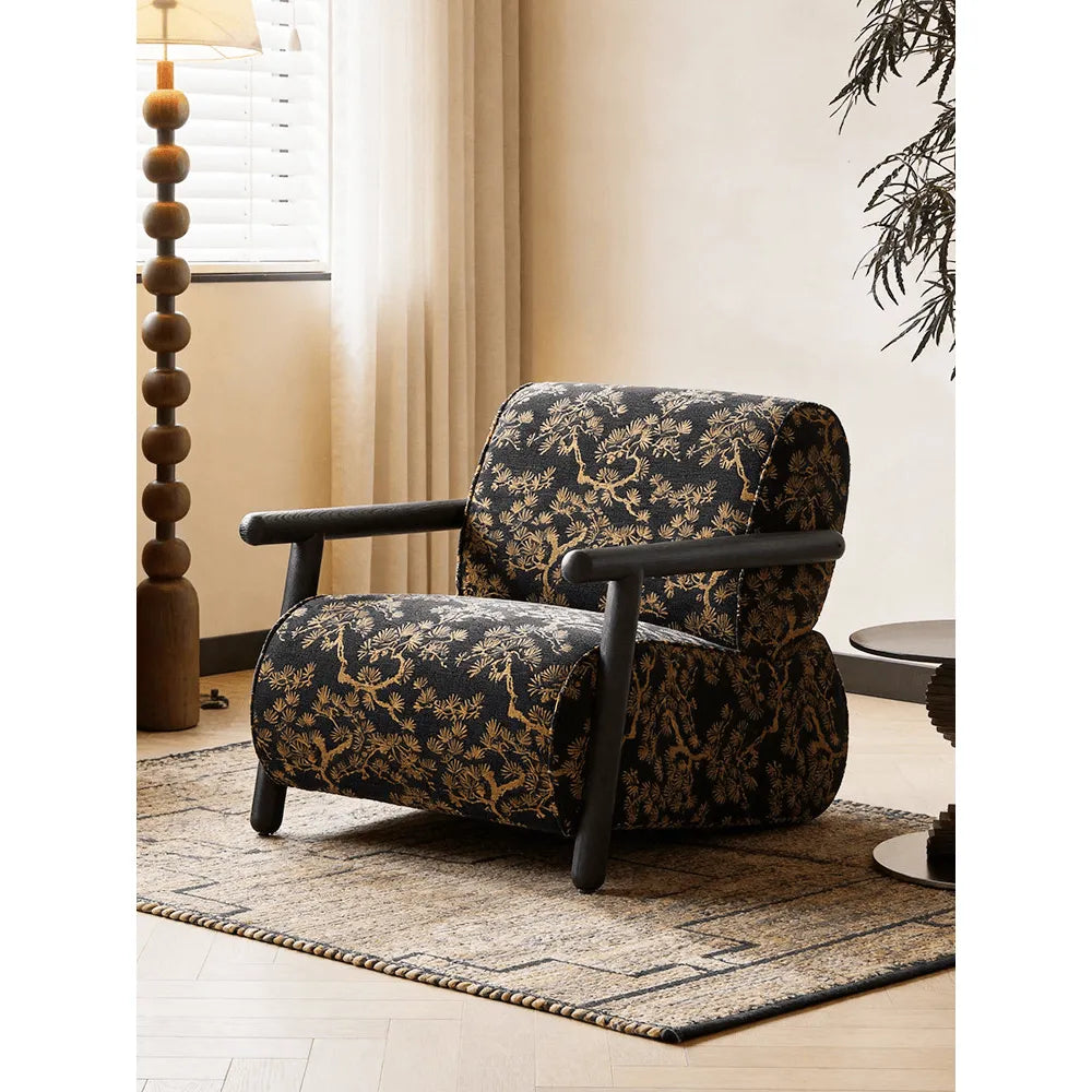 Vintage Botanical Floral Accent Chair With Sculptural Wood Frame