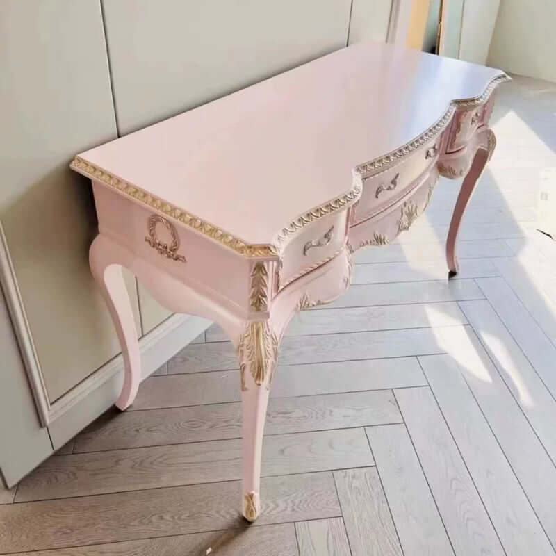 Vintage Carved Vanity With 3-Part Mirror In Soft Pink