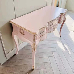 Vintage Carved Vanity With 3-Part Mirror In Soft Pink