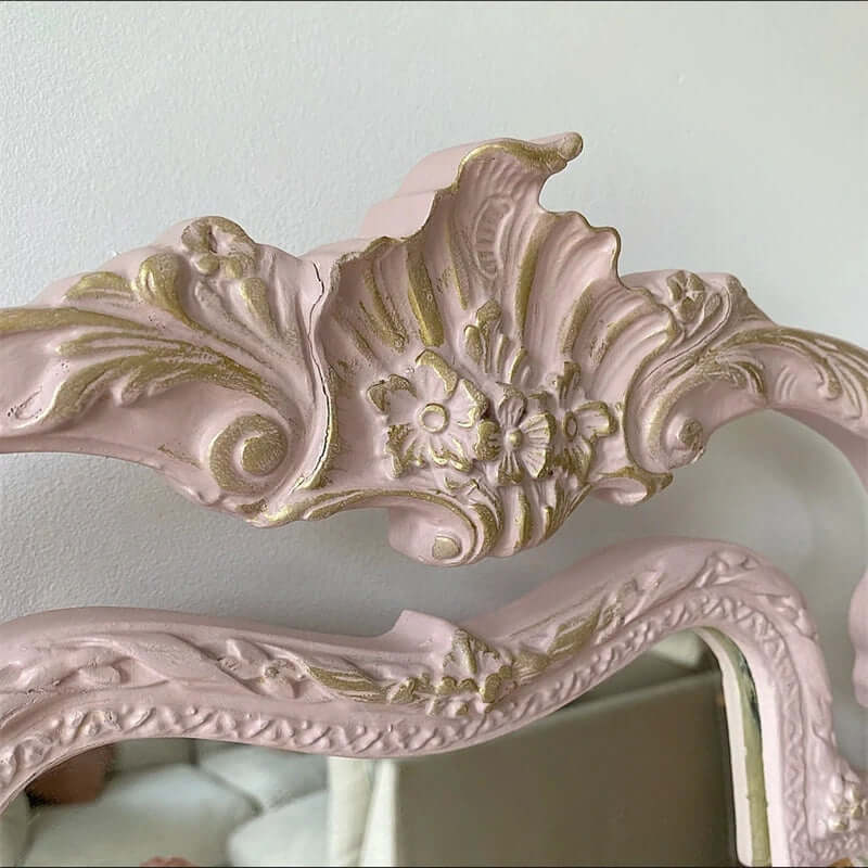 Vintage Carved Vanity With 3-Part Mirror In Soft Pink