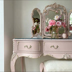 Vintage Carved Vanity With 3-Part Mirror In Soft Pink