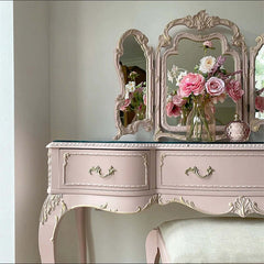 Vintage Carved Vanity With 3-Part Mirror In Soft Pink