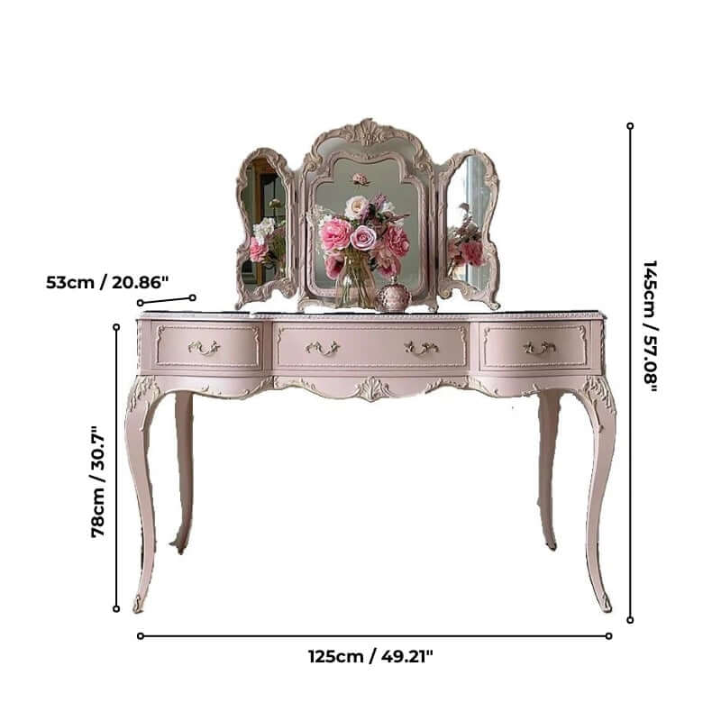 Vintage Carved Vanity With 3-Part Mirror In Soft Pink