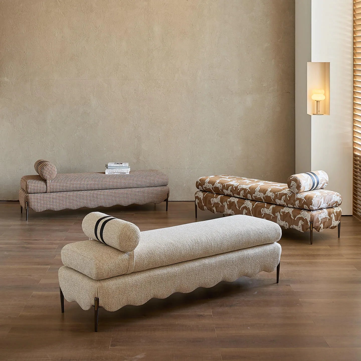 Vintage Fabric Bench with Sculptural Waves and Tapered Metal Legs