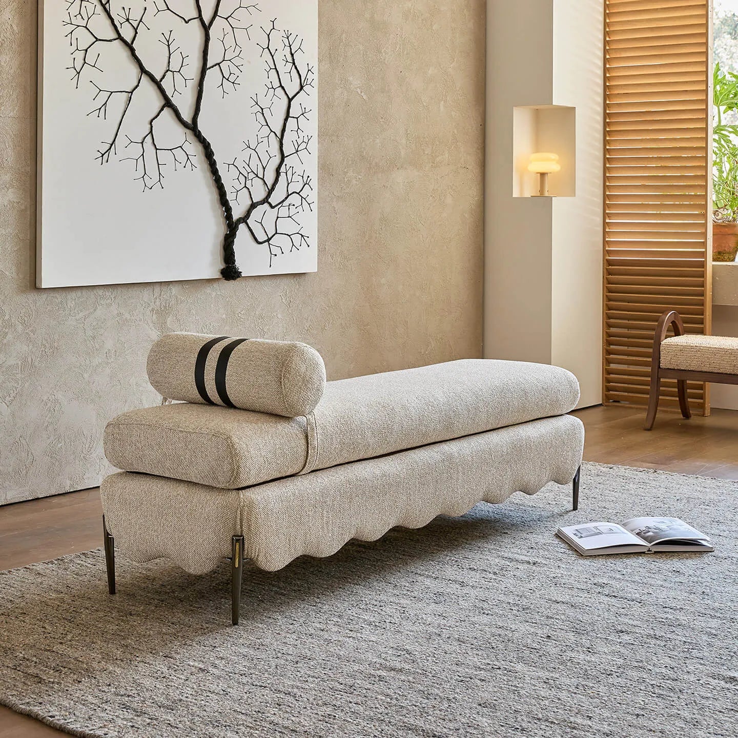 Vintage Fabric Bench with Sculptural Waves and Tapered Metal Legs