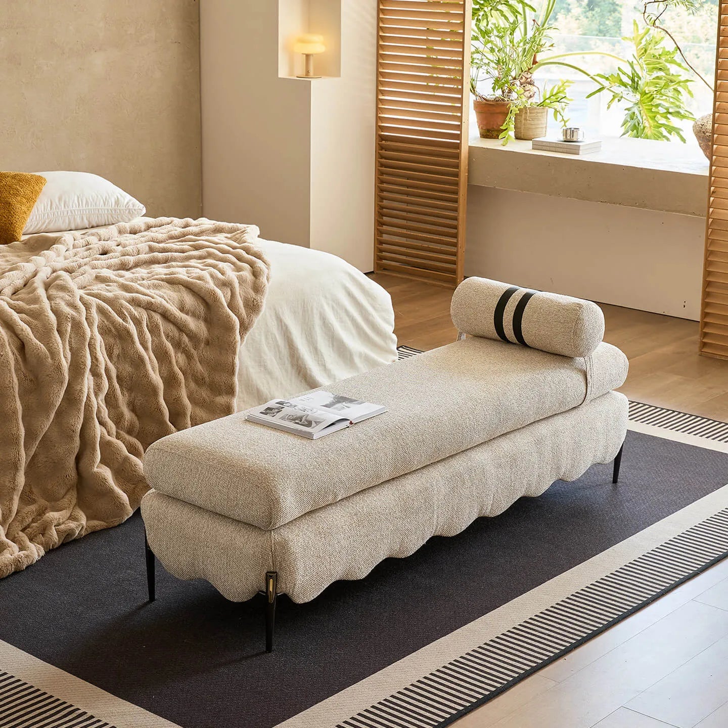 Vintage Fabric Bench with Sculptural Waves and Tapered Metal Legs