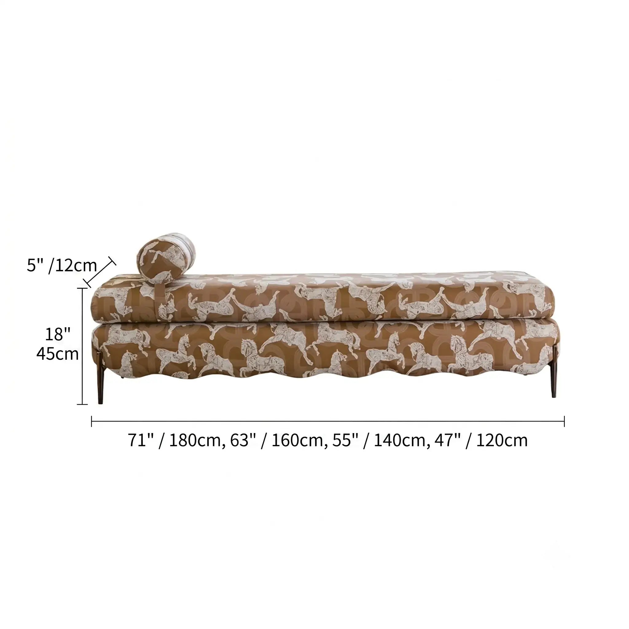 Vintage Fabric Bench with Sculptural Waves and Tapered Metal Legs Dimensions