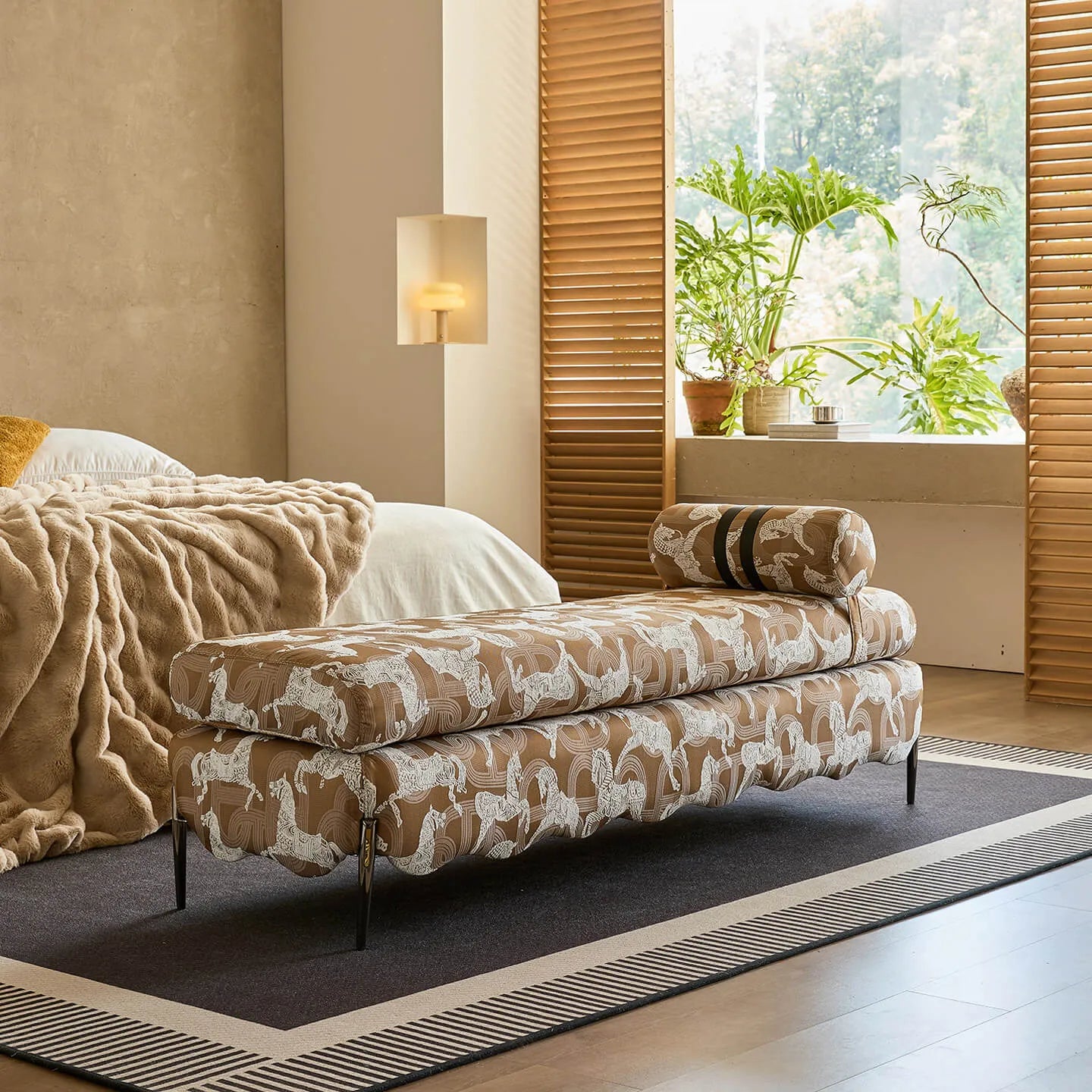 Vintage Fabric Bench with Sculptural Waves and Tapered Metal Legs Main Product Image
