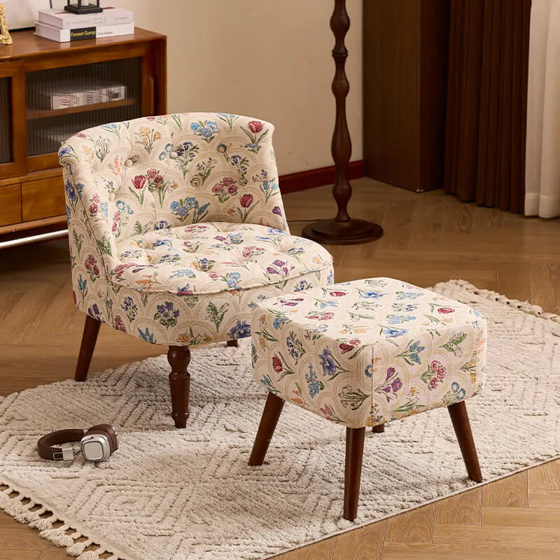Vintage Floral Accent Chair Series With Ottoman, Curved Back and Wood Legs