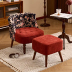 Vintage Floral Accent Chair Series With Ottoman, Curved Back and Wood Legs
