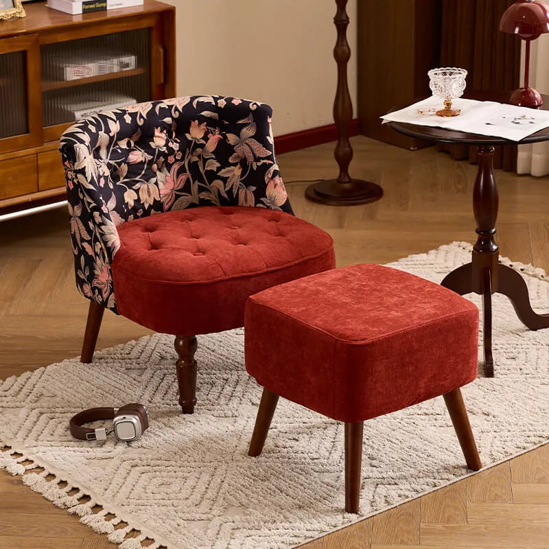 Vintage Floral Accent Chair Series With Ottoman, Curved Back and Wood Legs