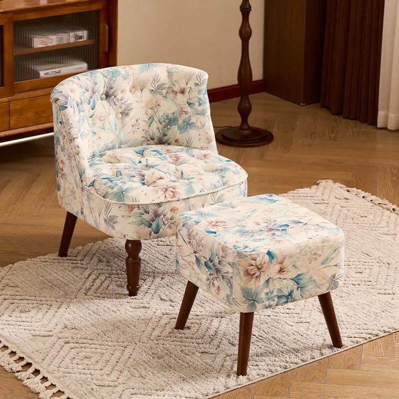 Vintage Floral Accent Chair Series With Ottoman, Curved Back and Wood Legs