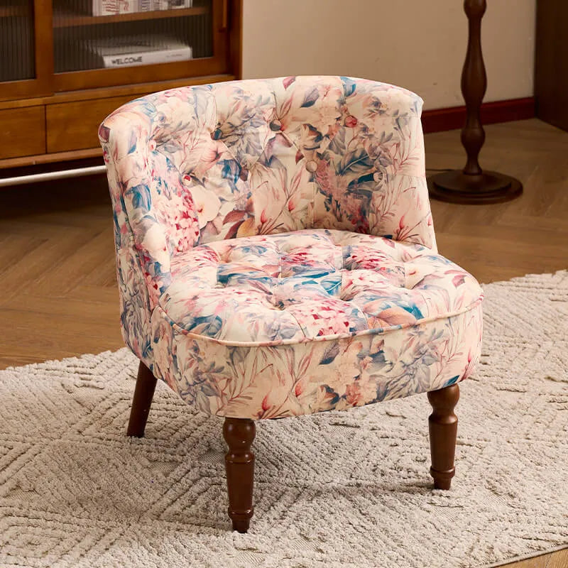 Vintage Floral Accent Chair Series With Ottoman, Curved Back and Wood Legs