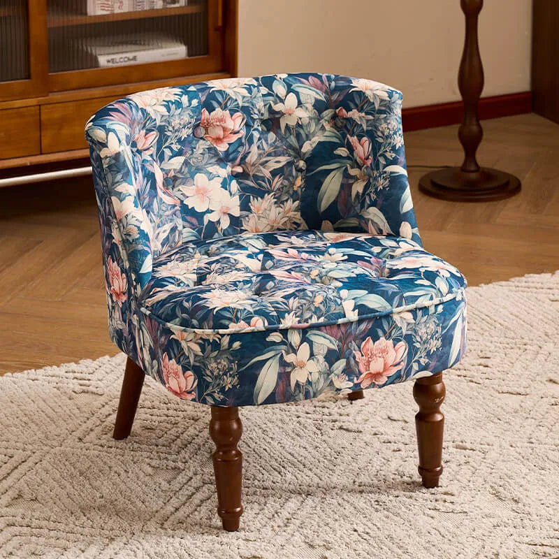 Vintage Floral Accent Chair Series With Ottoman, Curved Back and Wood Legs