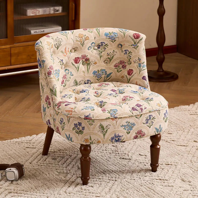 Vintage Floral Accent Chair Series With Ottoman, Curved Back and Wood Legs