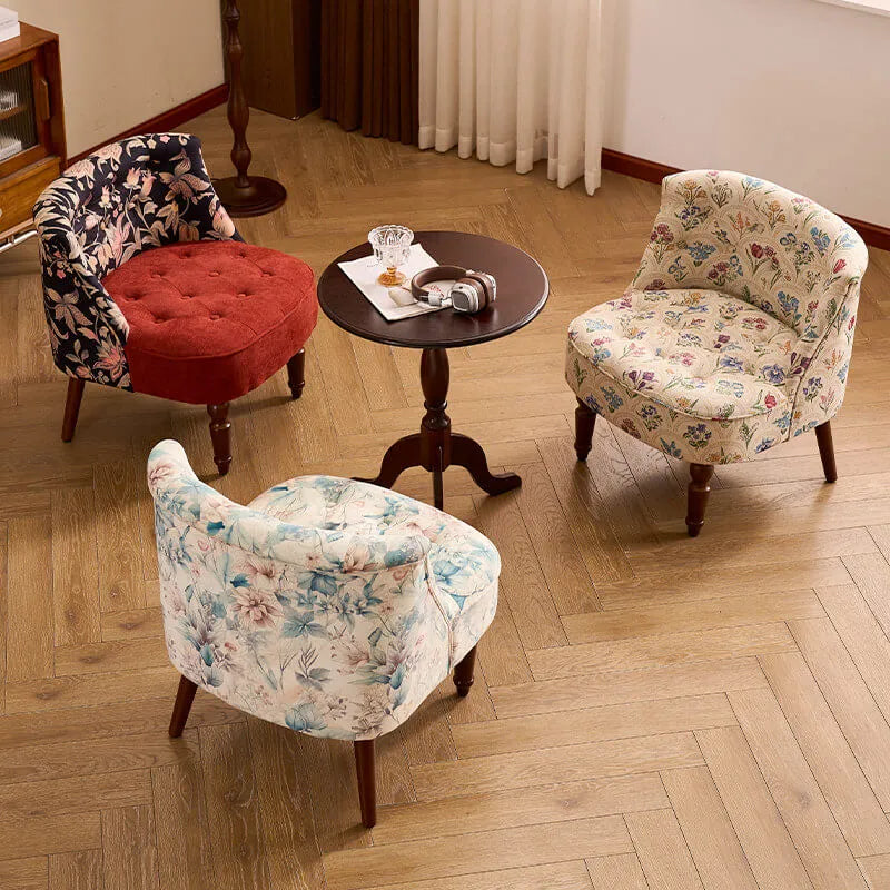 Vintage Floral Accent Chair Series With Ottoman, Curved Back and Wood Legs