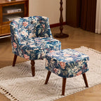 Vintage Floral Accent Chair Series With Ottoman, Curved Back and Wood Legs