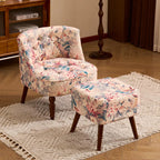 Vintage Floral Accent Chair Series With Ottoman, Curved Back and Wood Legs
