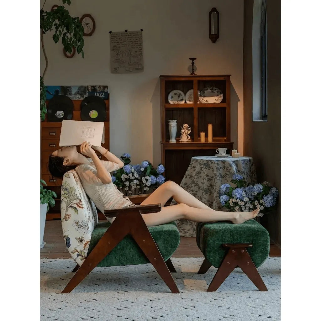 Vintage Floral Accent Chair Series With Ottoman, Green Velvet and Solid Wood Frame