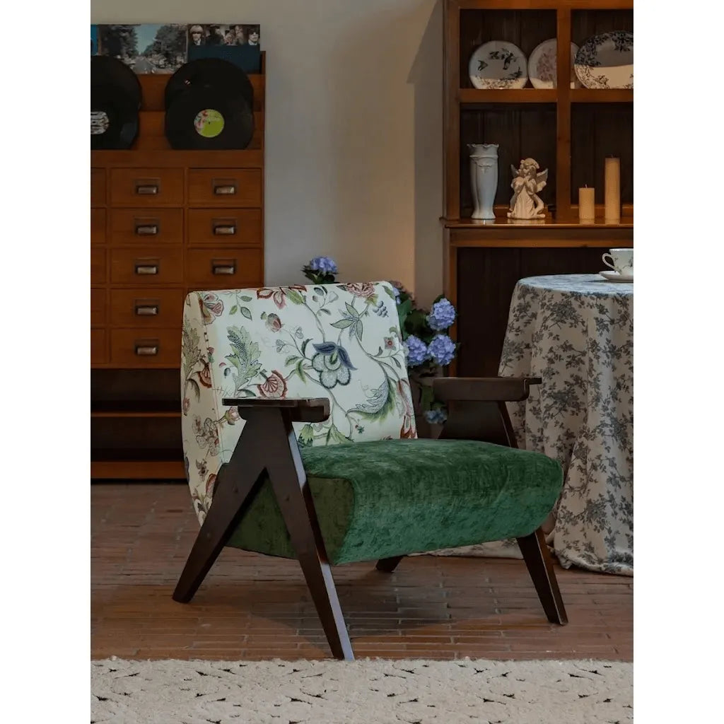 Vintage Floral Accent Chair Series With Ottoman, Green Velvet and Solid Wood Frame Secondary image