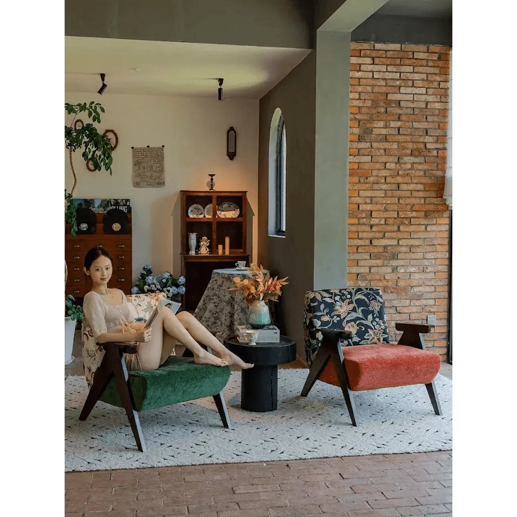 Vintage Floral Accent Chair Series With Ottoman, Green Velvet and Solid Wood Frame Main Product Image Main image