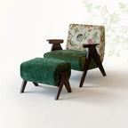 Vintage Floral Accent Chair Series With Ottoman, Green Velvet and Solid Wood Frame