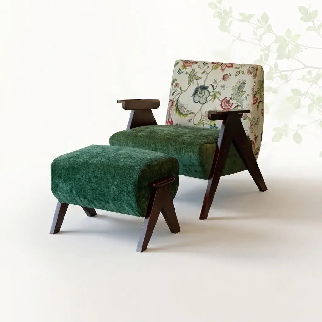 Vintage Floral Accent Chair Series With Ottoman, Green Velvet and Solid Wood Frame