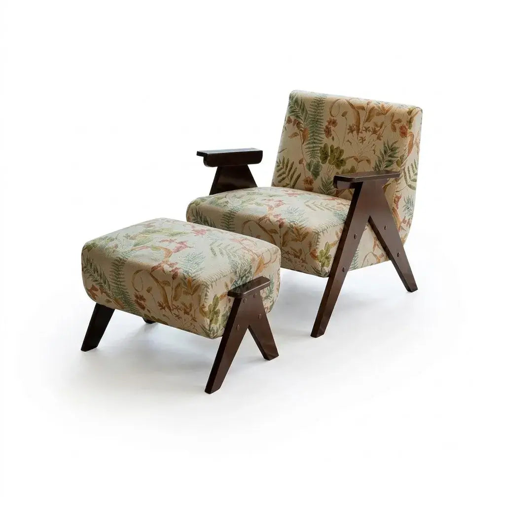Vintage Floral Accent Chair Series With Ottoman, Green Velvet and Solid Wood Frame