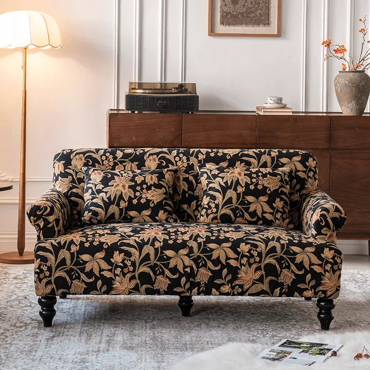 Vintage Floral Sofa With Jacquard Upholstery and Solid Wood Legs