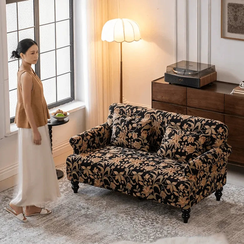 Vintage Floral Sofa With Jacquard Upholstery and Solid Wood Legs Image secondaire du produit