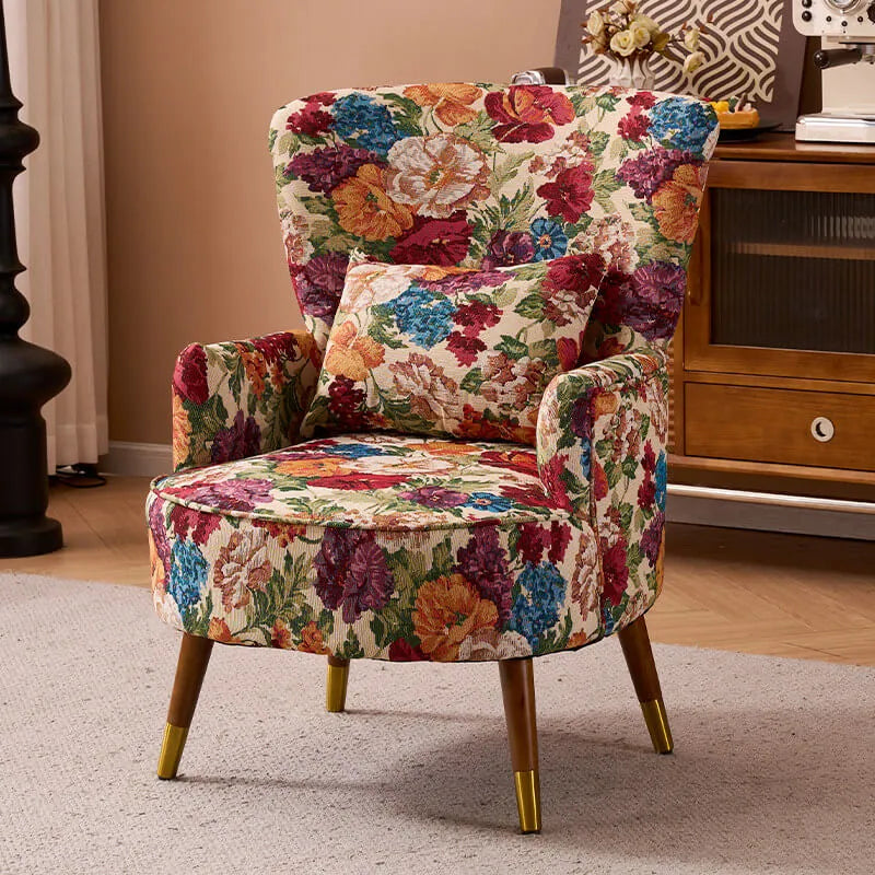 Vintage Floral Wingback Chair and Ottoman Set with Woven Upholstery