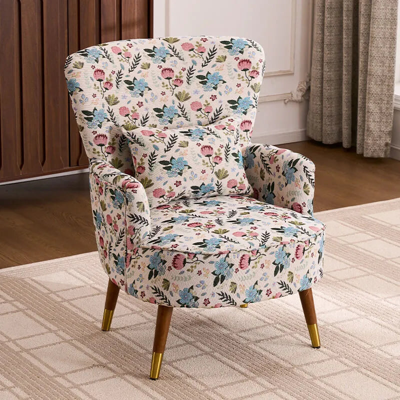 Vintage Floral Wingback Chair and Ottoman Set with Woven Upholstery