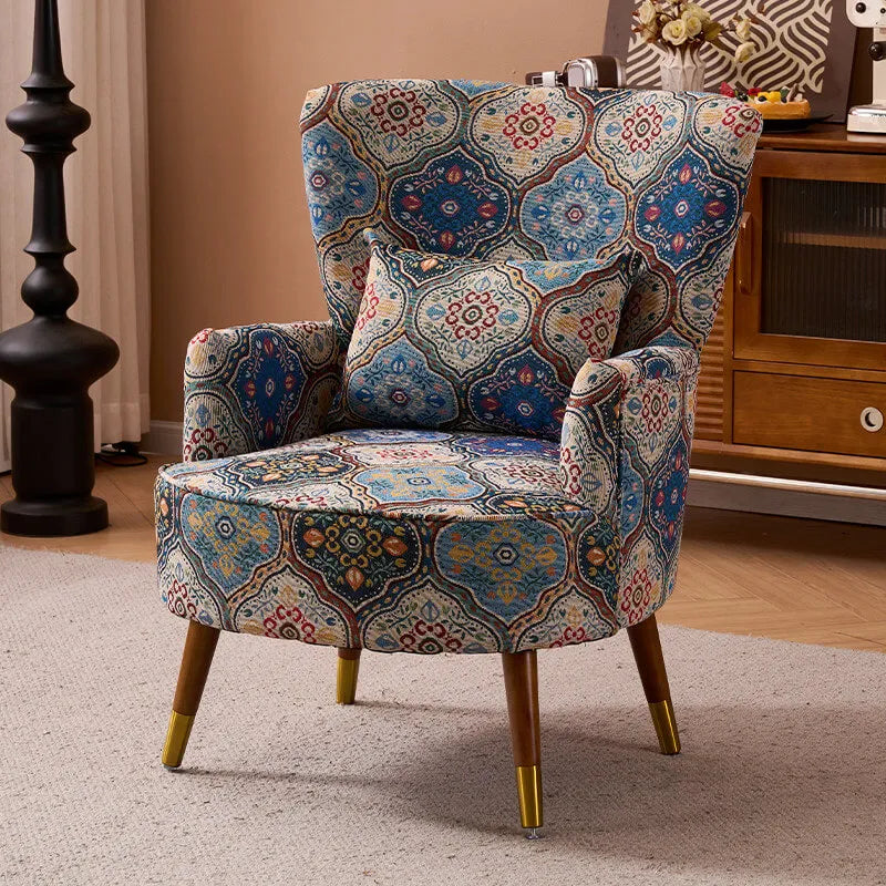 Vintage Floral Wingback Chair and Ottoman Set with Woven Upholstery