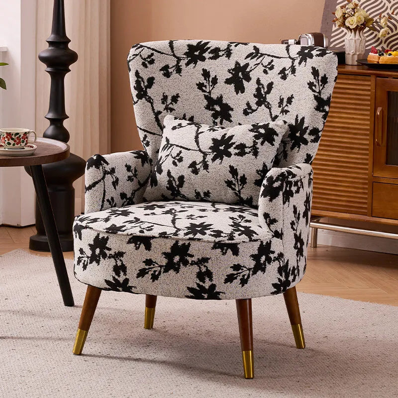 Vintage Floral Wingback Chair and Ottoman Set with Woven Upholstery