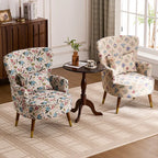Vintage Floral Wingback Chair and Ottoman Set with Woven Upholstery